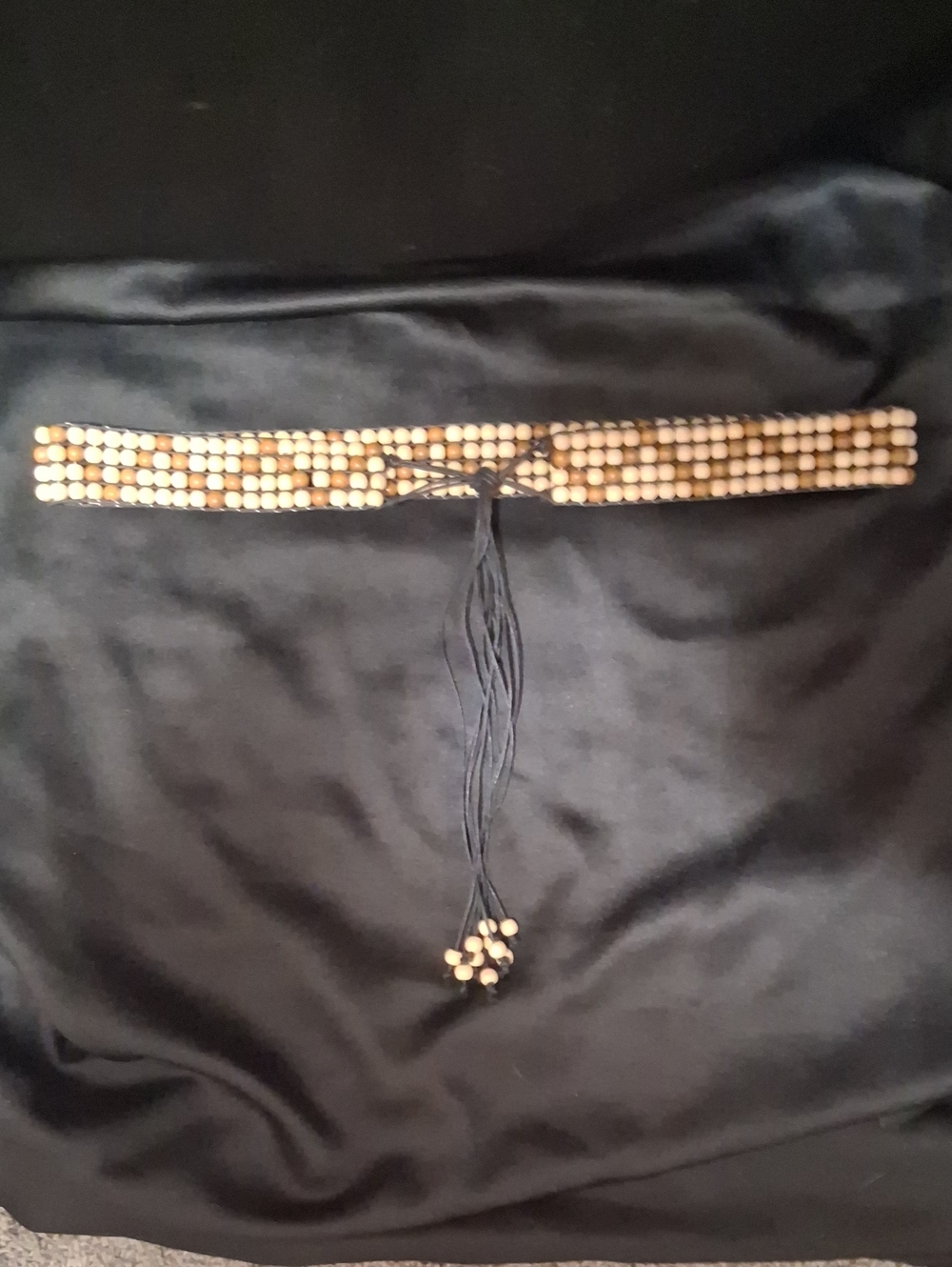 Wood Beaded Belt with Black Cord Tie - 36+ Inches